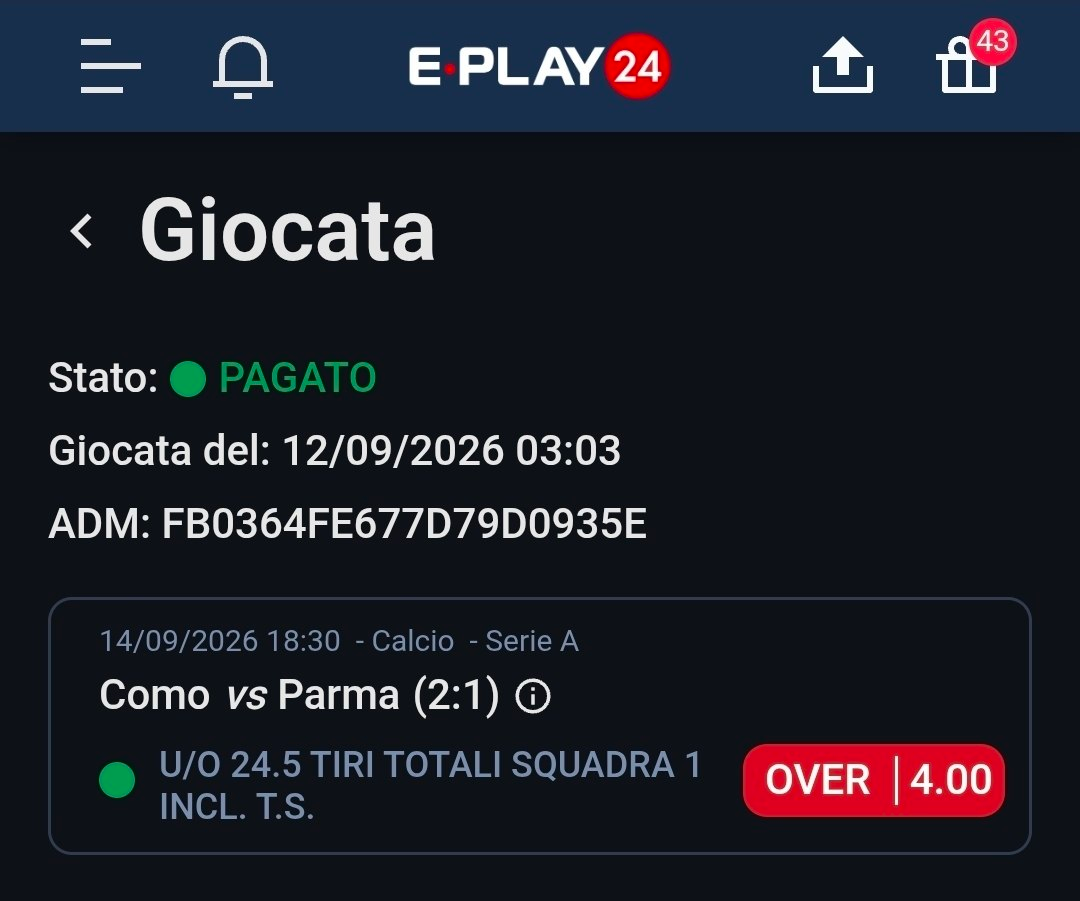 Como vs Parma — Over 24.5 tiri totali squadra 1 — quota 4.00