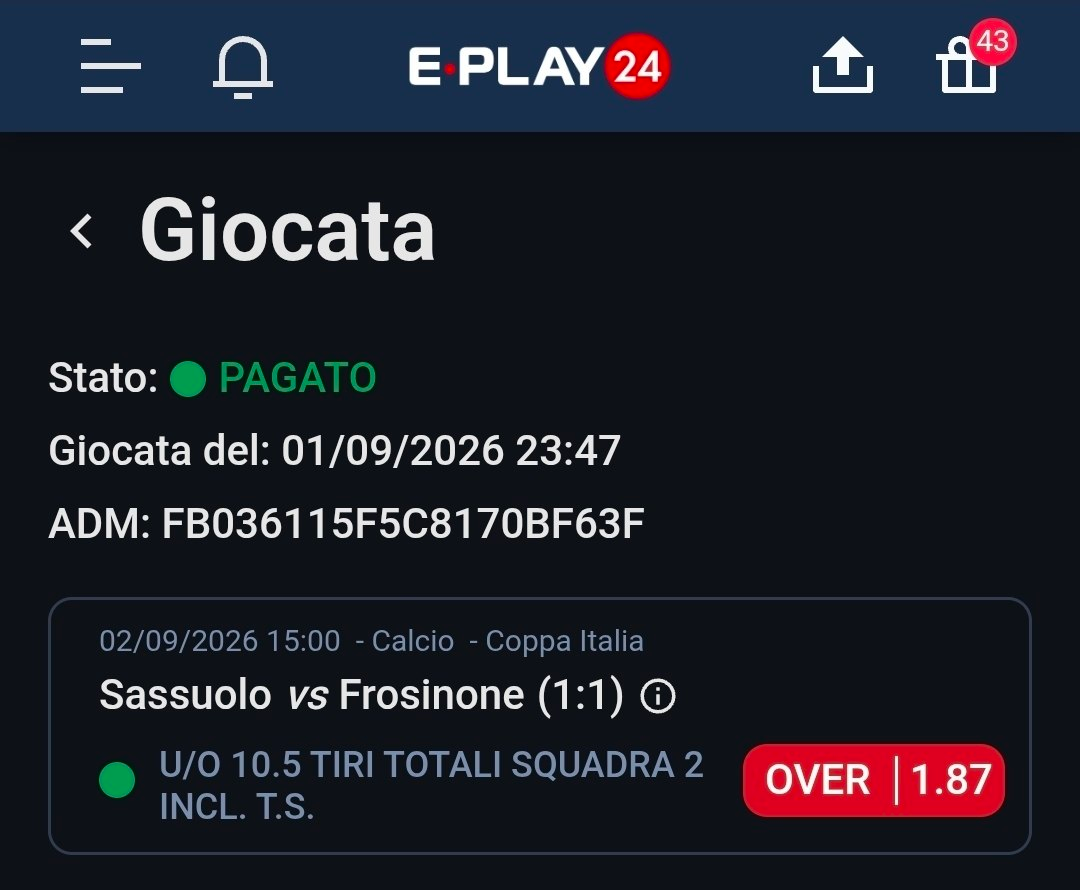 Sassuolo vs Frosinone — Over 10.5 tiri totali squadra 2 — quota 1.87