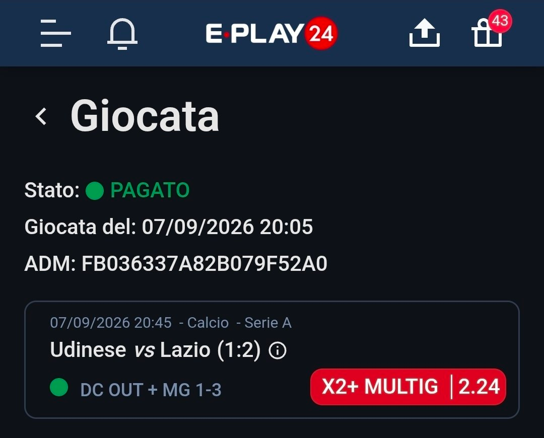Udinese vs Lazio — DC out + Multigoal 1-3 — quota 2.24