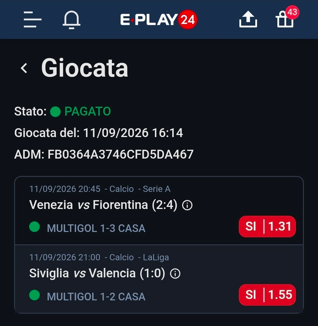 Venezia vs Fiorentina + Siviglia vs Valencia — Multigol 1-3 casa • Multigol 1-2 casa — quota 1.31 × 1.55