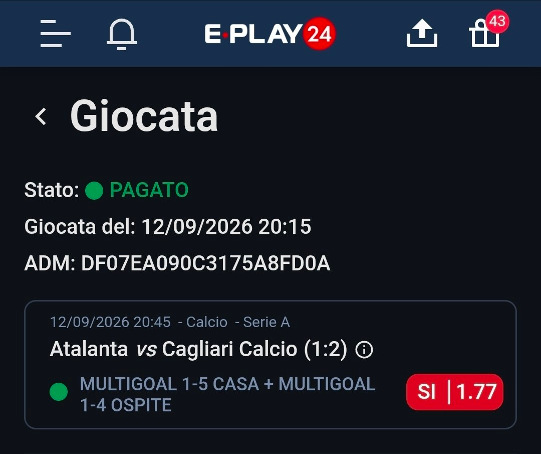 Atalanta vs Cagliari — Multigoal 1-5 casa + Multigoal 1-4 ospite — quota 1.77
