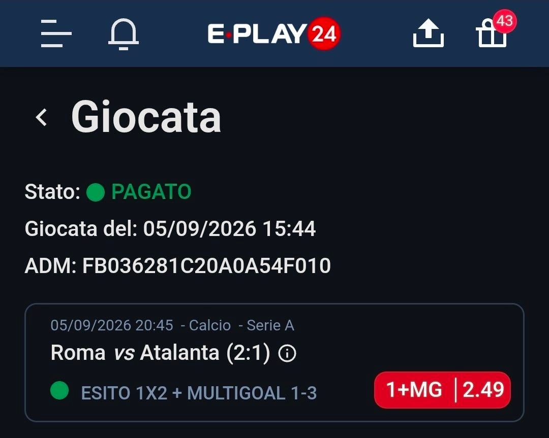 Roma vs Atalanta — Esito 1X2 + Multigoal 1-3 — quota 2.49