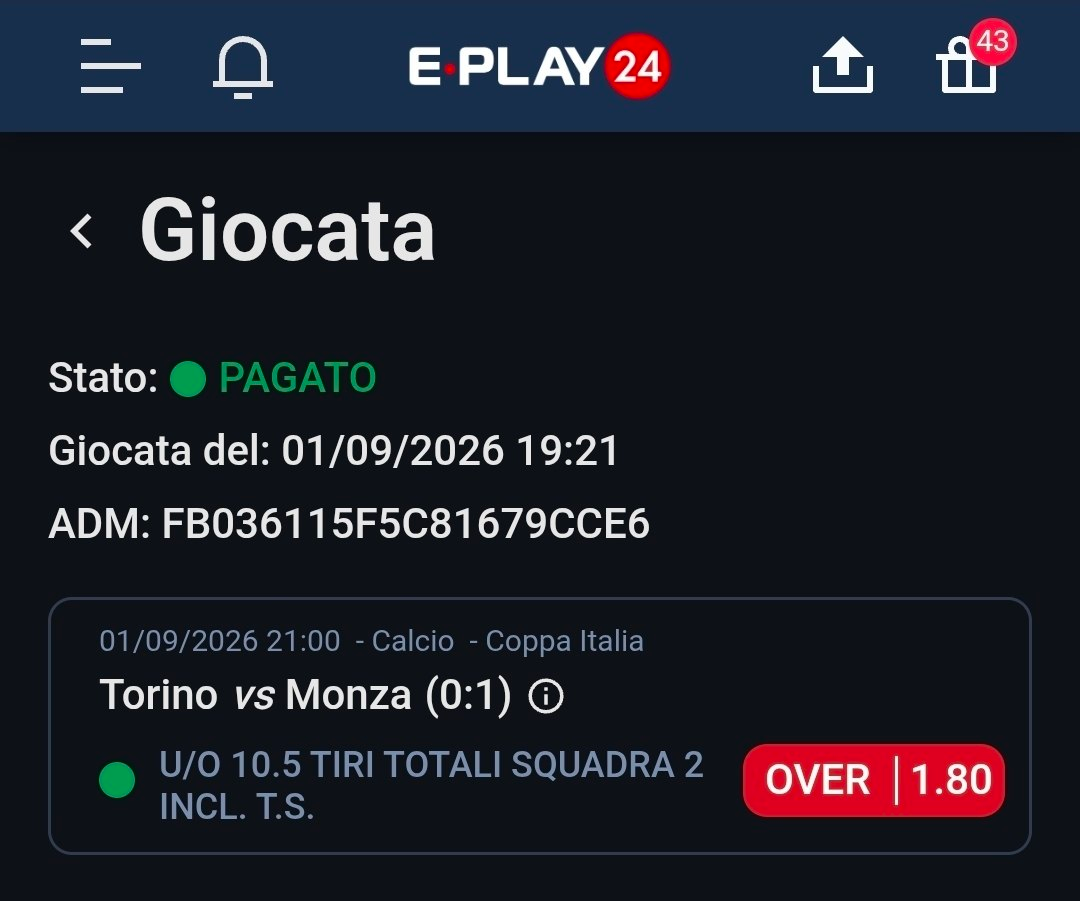 Torino vs Monza — Over 10.5 tiri totali squadra 2 — quota 1.80
