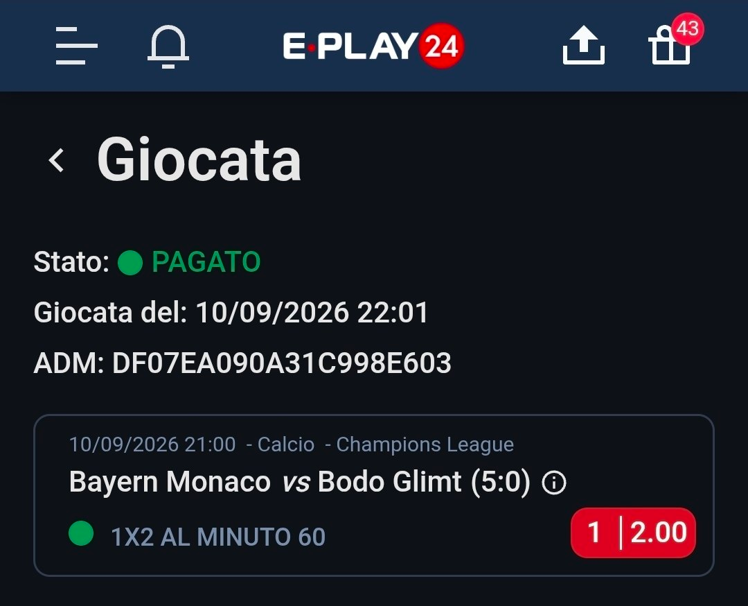 Bayern Monaco vs Bodo Glimt — 1X2 al minuto 60 — quota 2.00