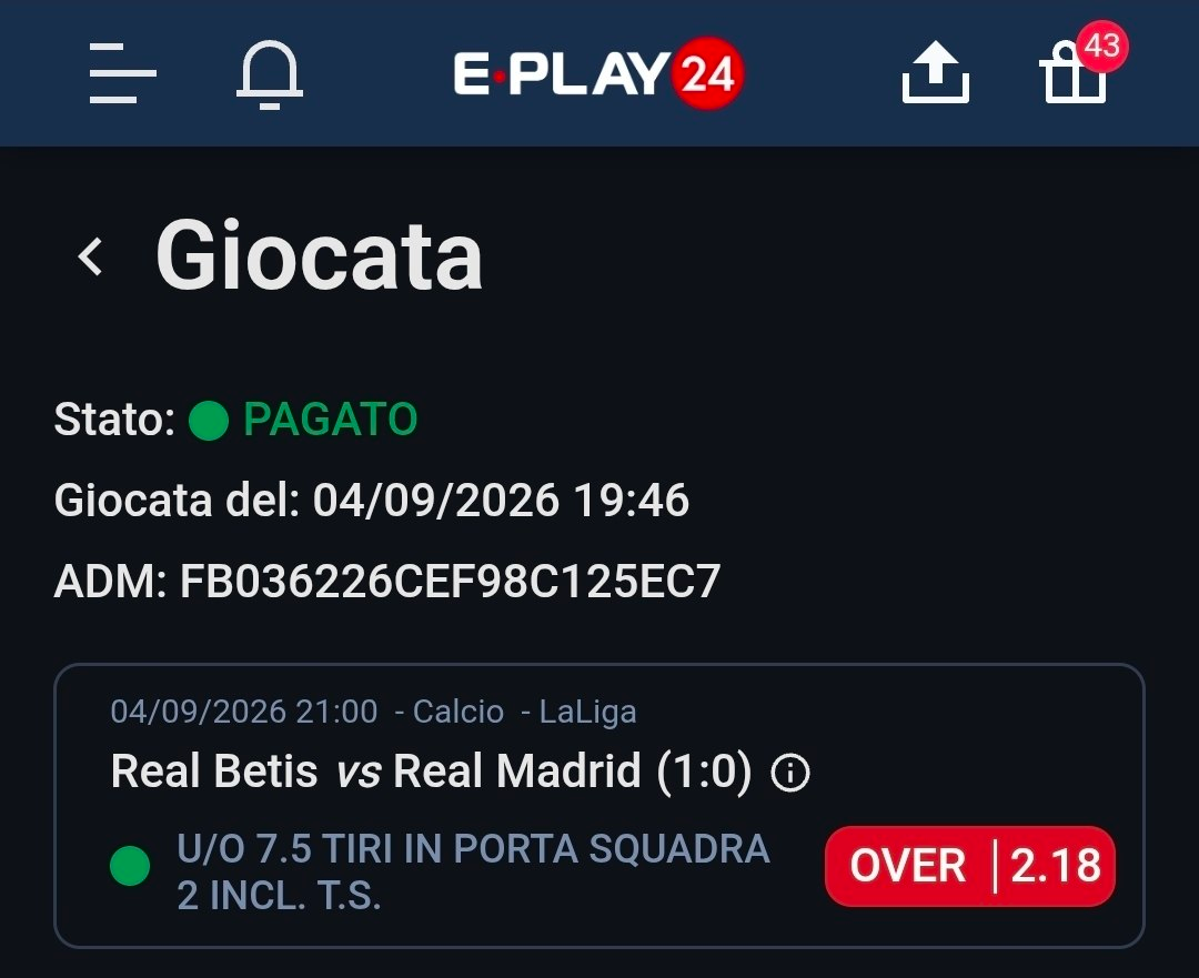 Real Betis vs Real Madrid — Over 7.5 tiri in porta squadra 2 — quota 2.18