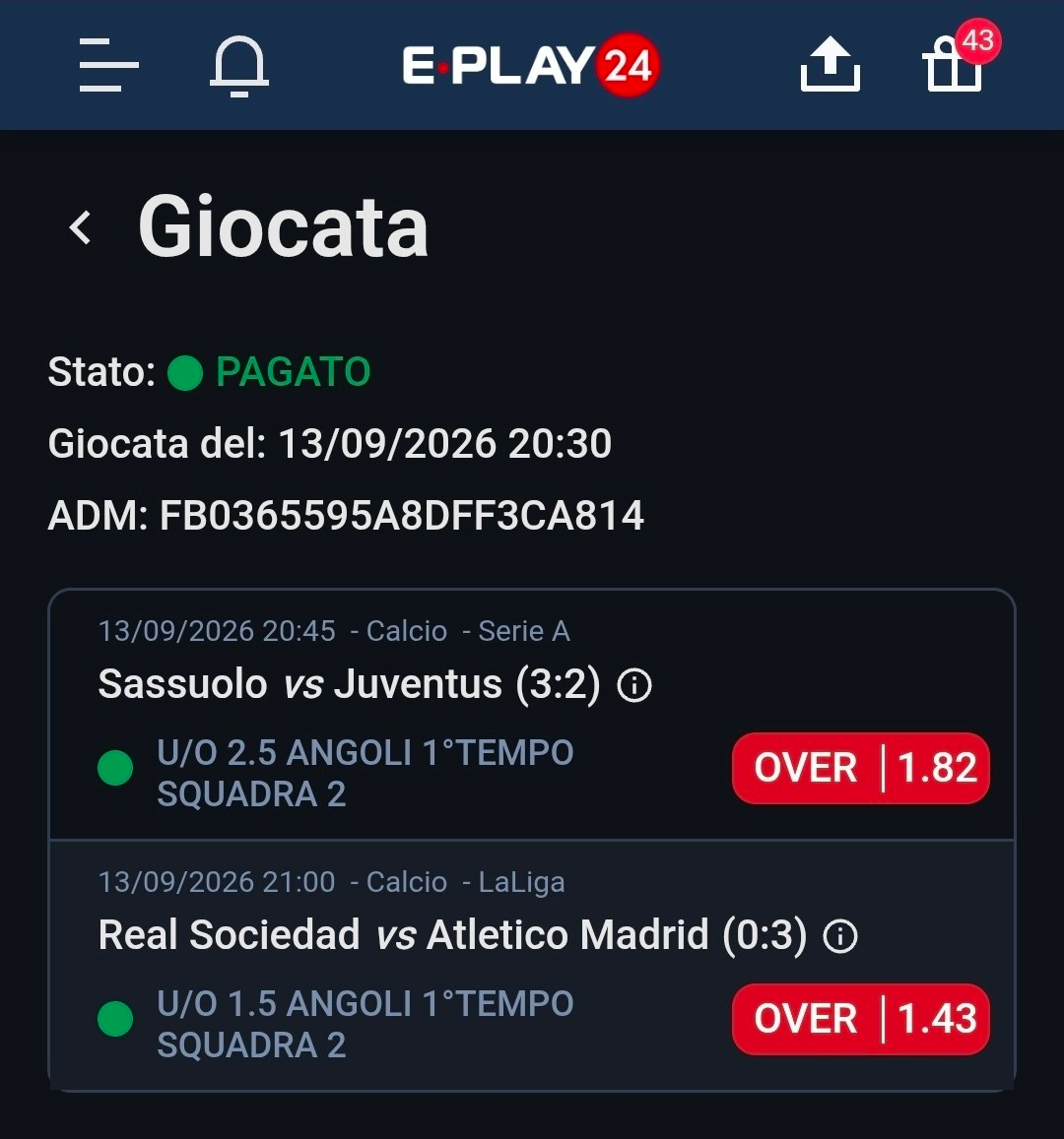 Sassuolo vs Juventus + Real Sociedad vs Atletico Madrid — Over angoli 1° tempo squadra 2 — quota 1.82 × 1.43