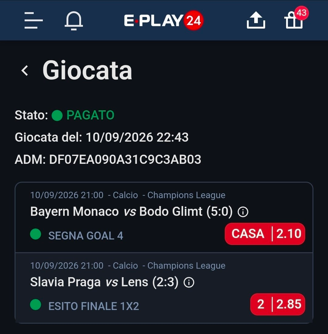 Bayern Monaco vs Bodo Glimt + Slavia Praga vs Lens — Segna goal 4 casa • Esito finale 1X2 — quota 2.10 × 2.85