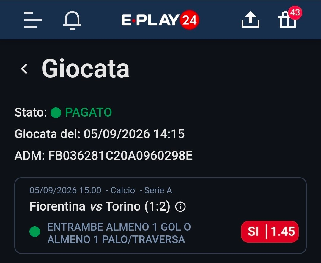 Fiorentina vs Torino — Entrambe almeno 1 gol o almeno 1 palo/traversa — quota 1.45