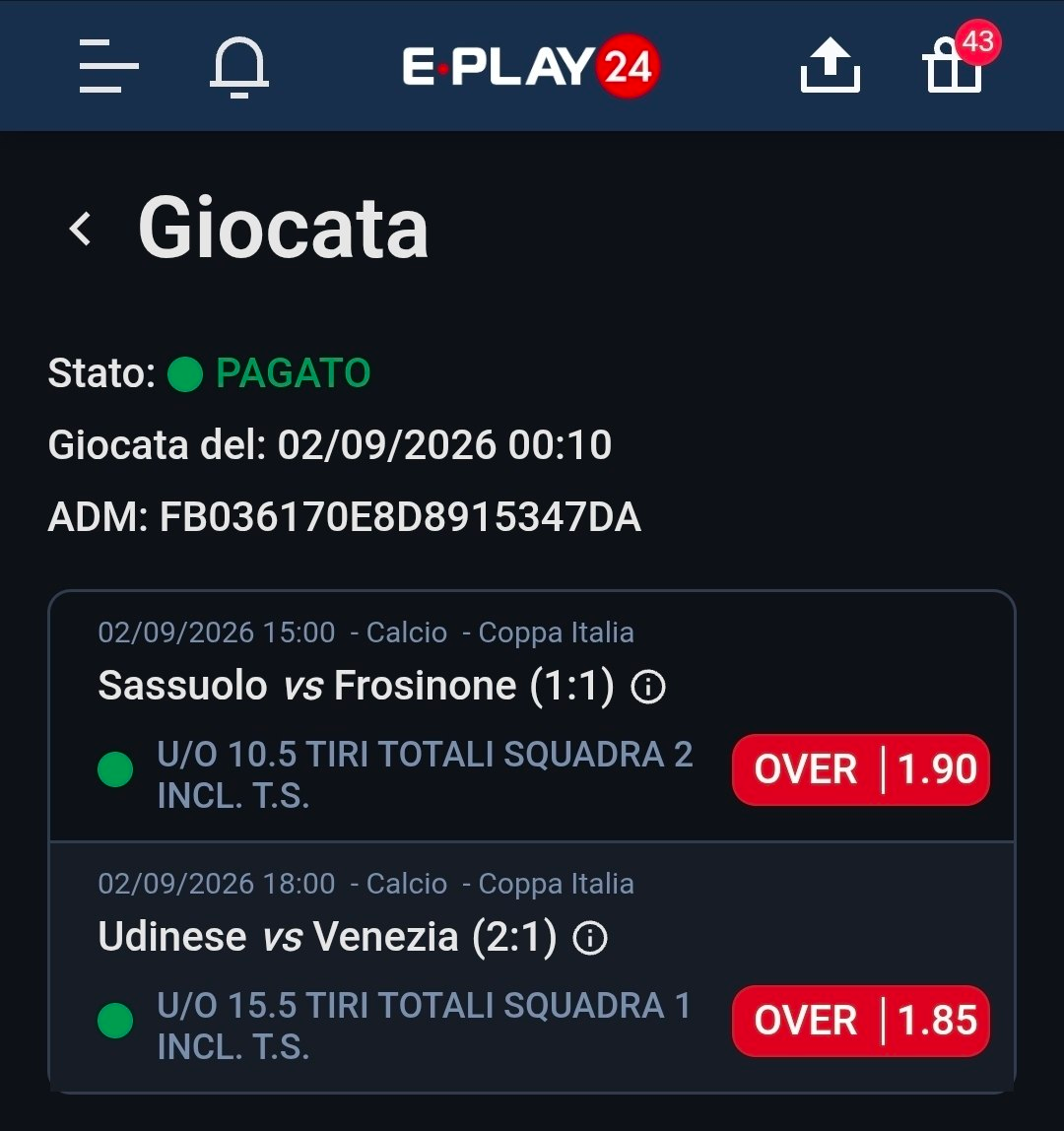 Sassuolo vs Frosinone + Udinese vs Venezia — Over tiri totali squadra 2 • Over tiri totali squadra 1 — quota 1.90 × 1.85