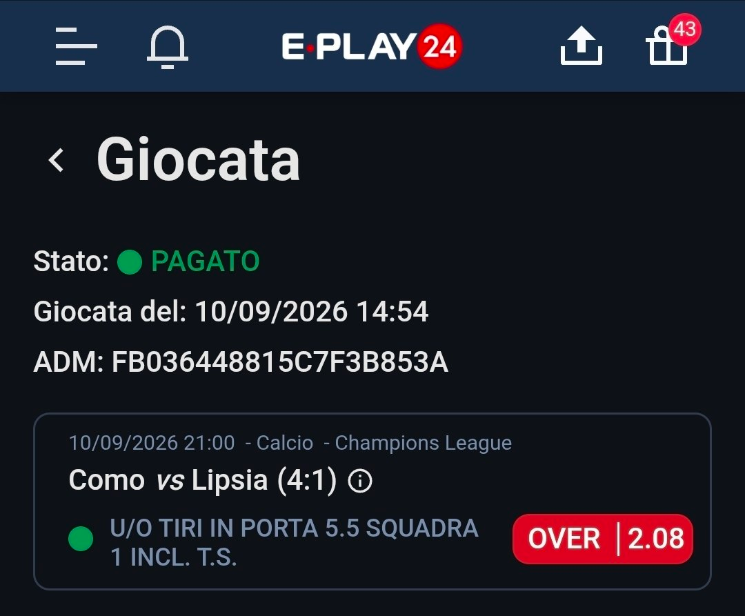 Como vs Lipsia — Over 5.5 tiri in porta squadra 1 — quota 2.08